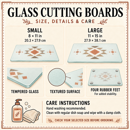 Size and care card: 8 x 11 in and 11 x 15 in, tempered glass, textured surface, four rubber feet
