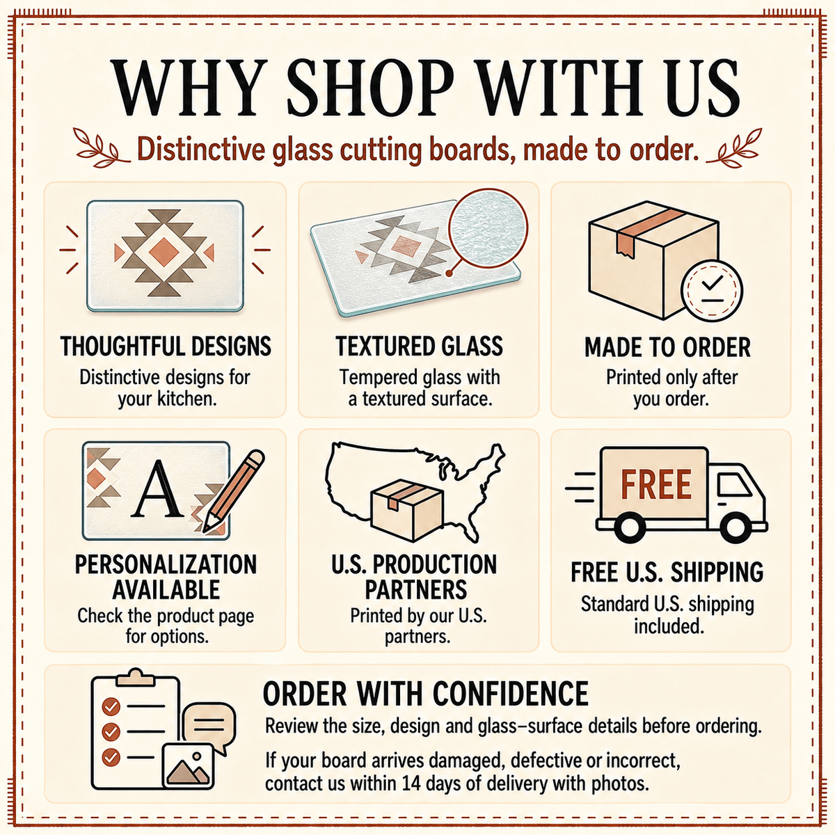 Why shop with us card: made to order, personalization, U.S. production partners, free U.S. shipping