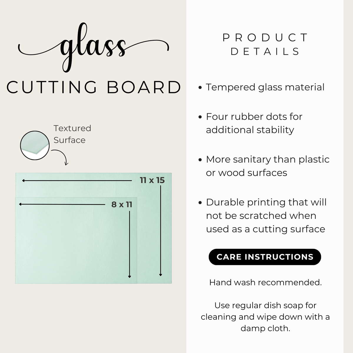 Product details card: tempered glass, textured surface, four rubber feet, hand wash with dish soap