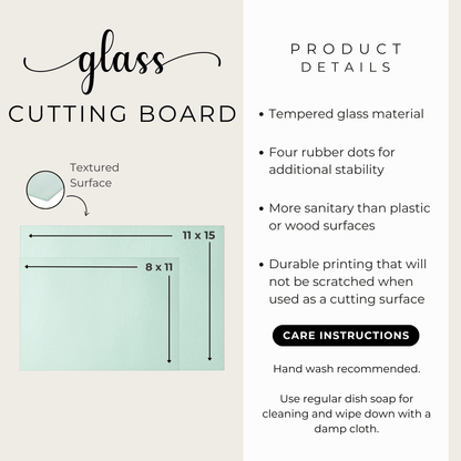 Product details card: tempered glass, textured surface, four rubber feet, hand wash with dish soap