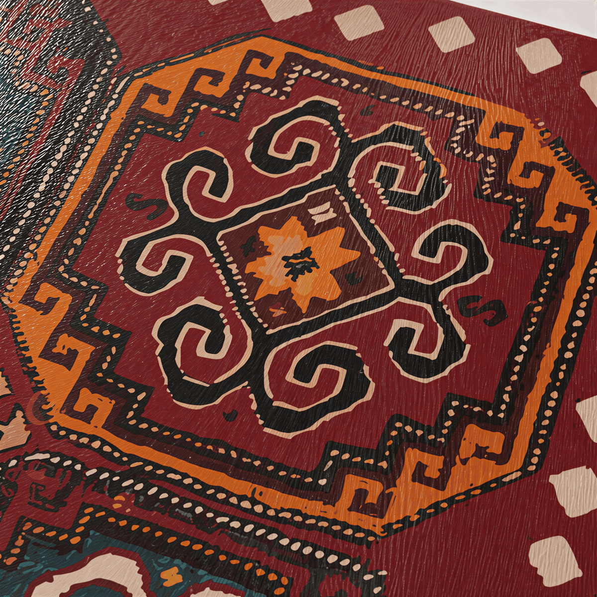 Close view of the rug medallions in red, orange and black with hooked ornament