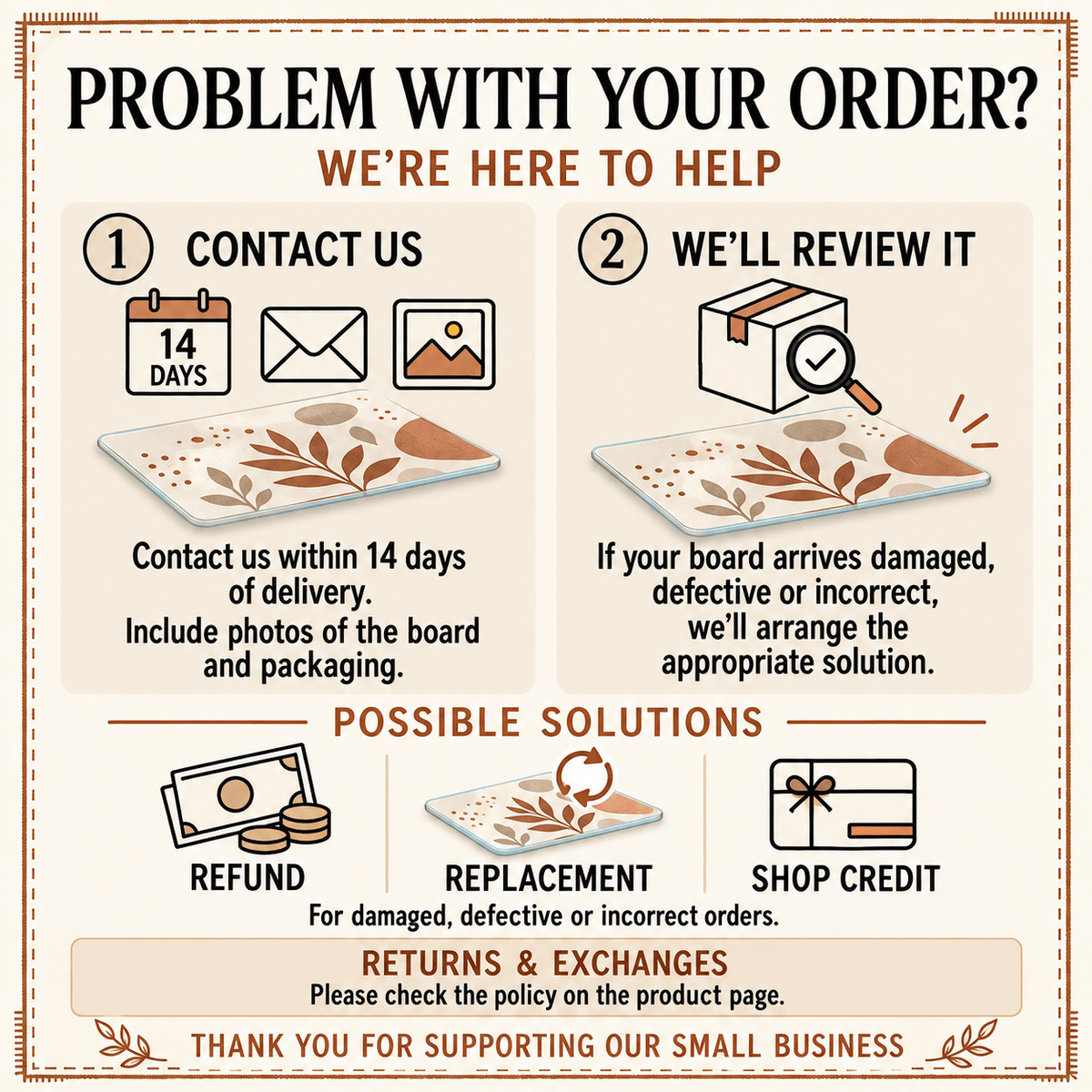 Order problem card: contact us within 14 days with photos for a refund, replacement or shop credit