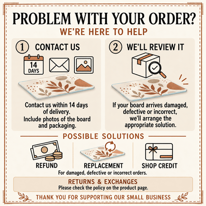 Order problem card: contact us within 14 days with photos for a refund, replacement or shop credit