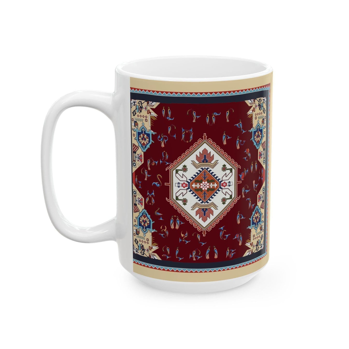 Armenian Rug Pattern Ceramic Mug, Multicolor Alphabet, Personalized - timelessbohochic.com