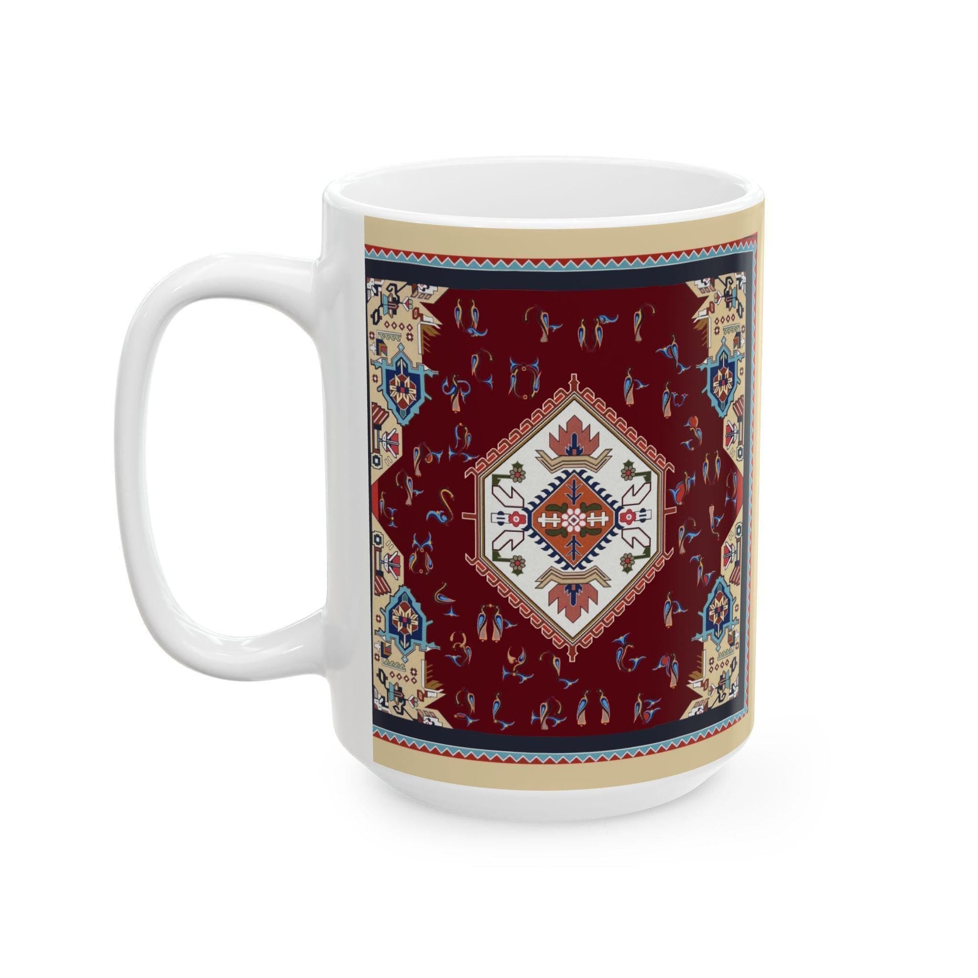 Armenian Rug Pattern Ceramic Mug, Multicolor Alphabet, Personalized - timelessbohochic.com