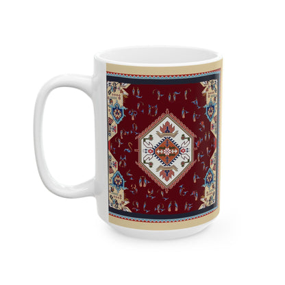 Armenian Rug Pattern Ceramic Mug, Multicolor Alphabet, Personalized - timelessbohochic.com