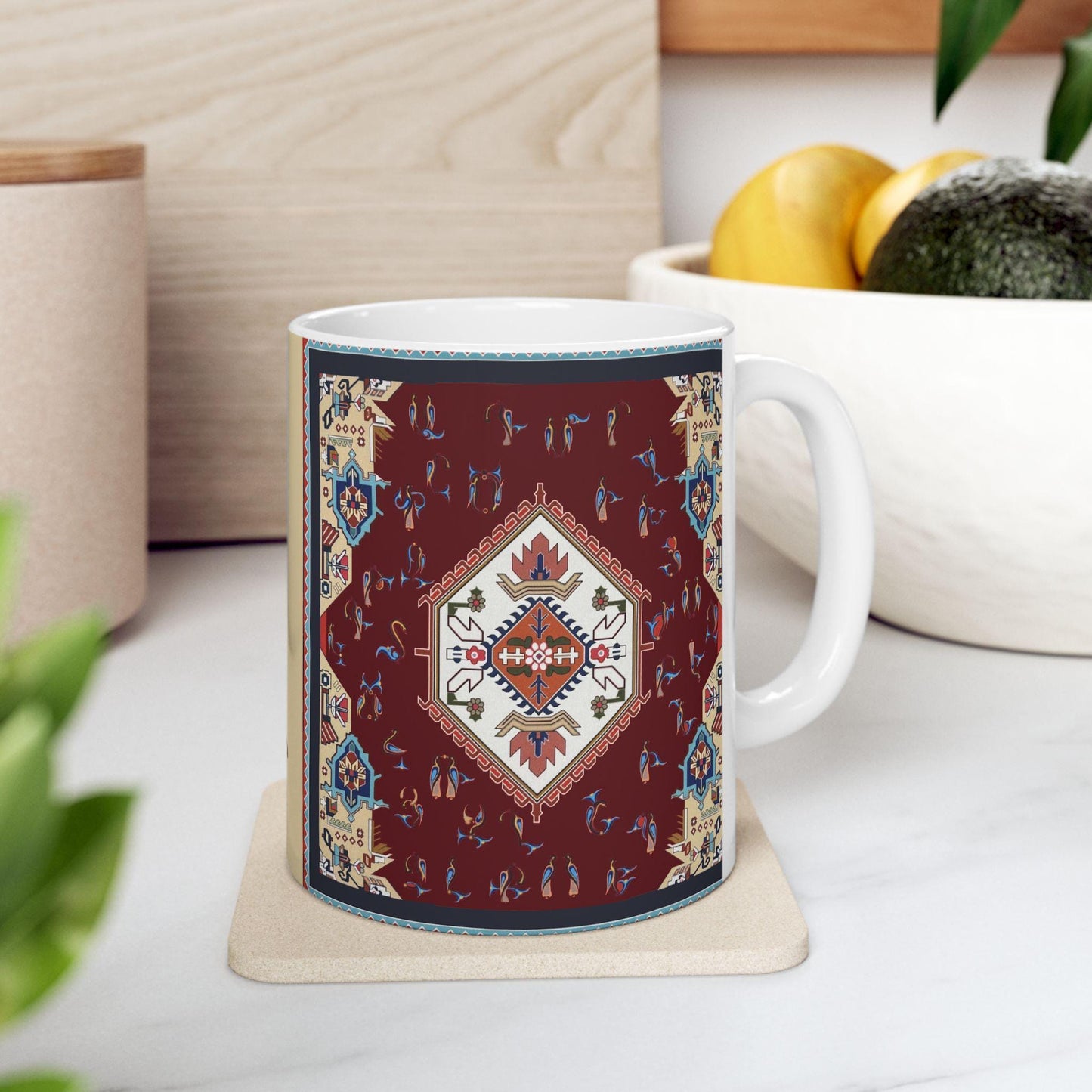 Armenian Rug Pattern Ceramic Mug, Multicolor Alphabet, Personalized - timelessbohochic.com