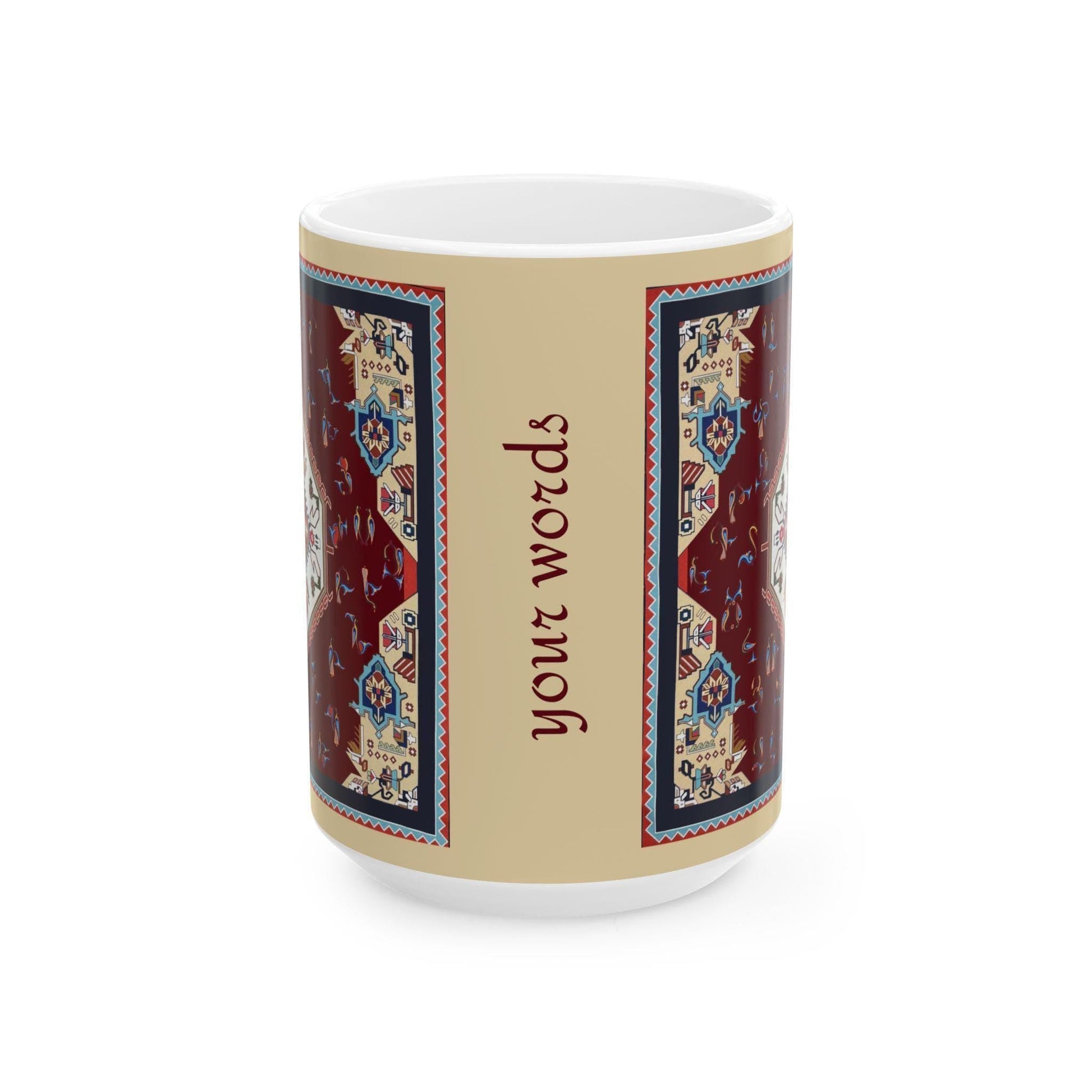 Armenian Rug Pattern Ceramic Mug, Multicolor Alphabet, Personalized - timelessbohochic.com