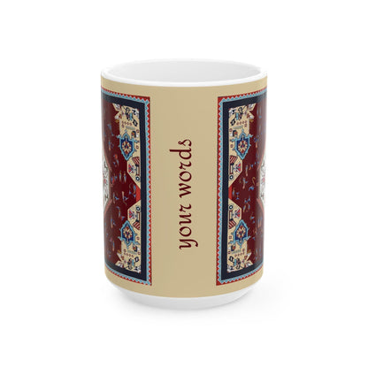 Armenian Rug Pattern Ceramic Mug, Multicolor Alphabet, Personalized - timelessbohochic.com