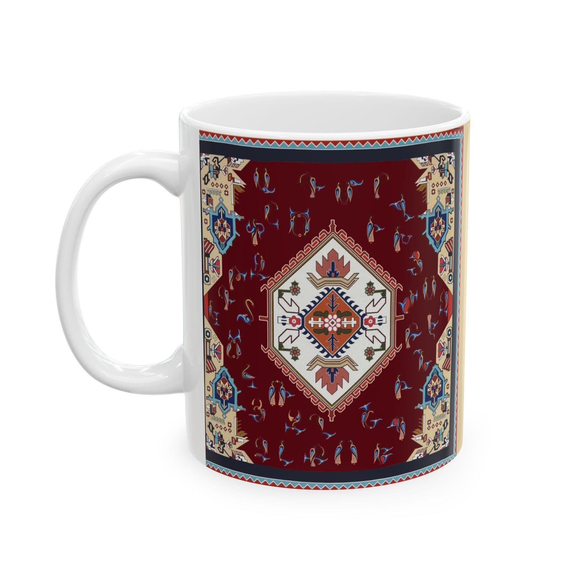 Armenian Rug Pattern Ceramic Mug, Multicolor Alphabet, Personalized - timelessbohochic.com