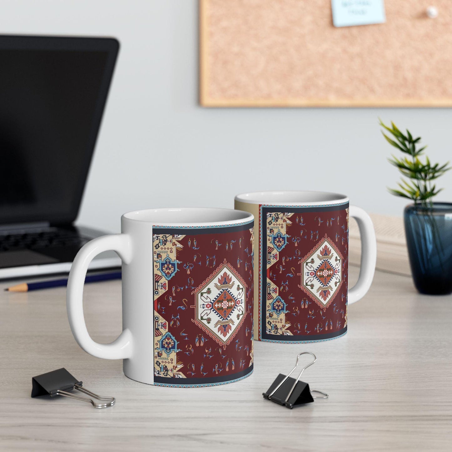Armenian Rug Pattern Ceramic Mug, Multicolor Alphabet, Personalized - timelessbohochic.com