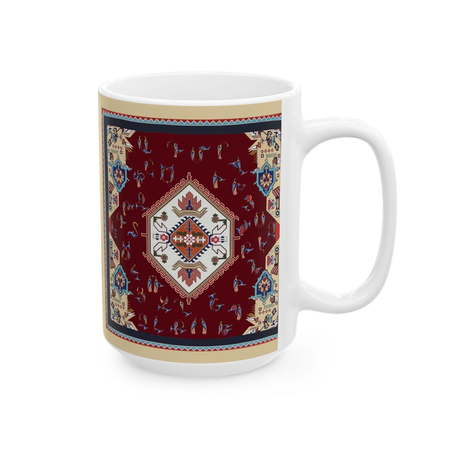 Armenian Rug Pattern Ceramic Mug, Multicolor Alphabet, Personalized - timelessbohochic.com