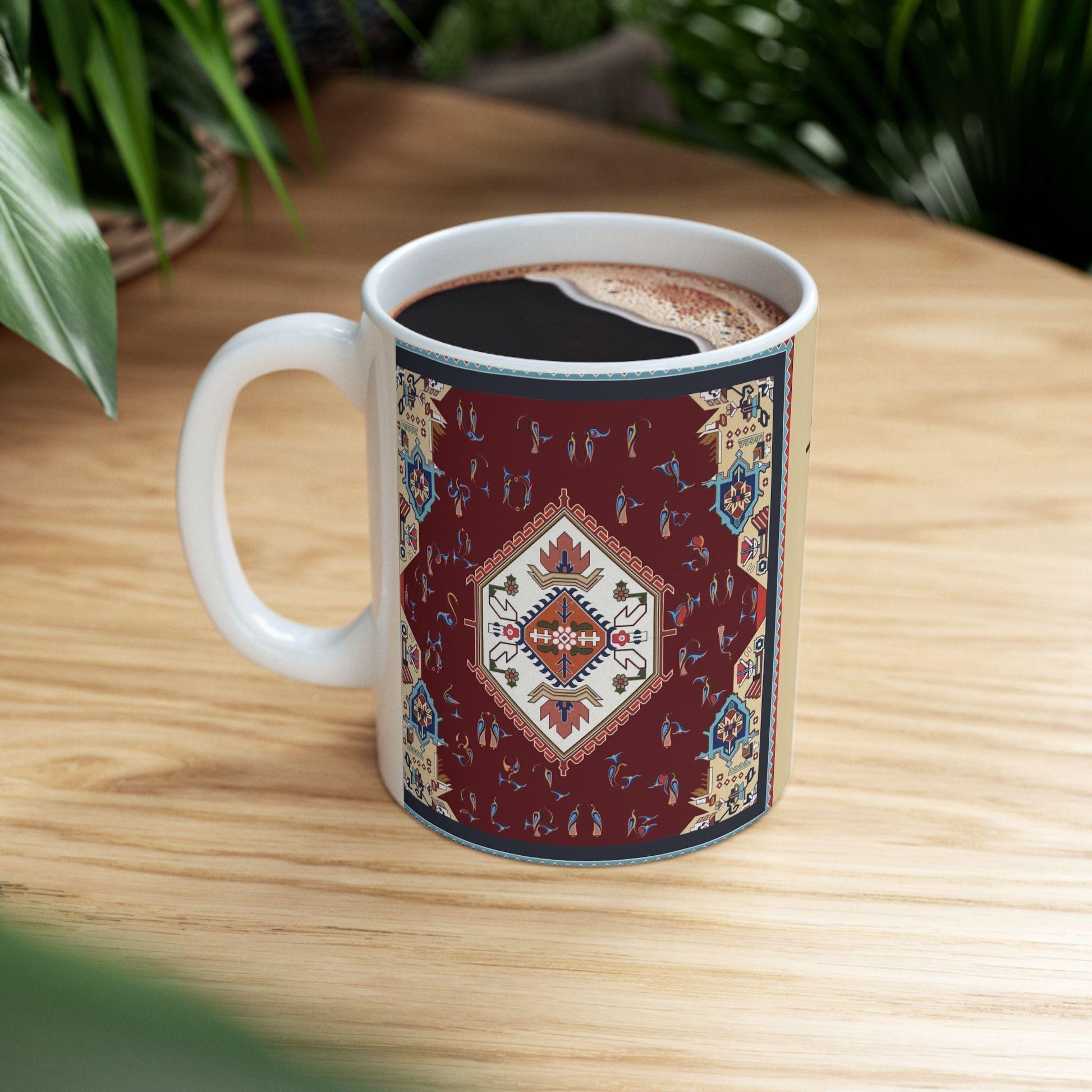 Armenian Rug Pattern Ceramic Mug, Multicolor Alphabet, Personalized - timelessbohochic.com