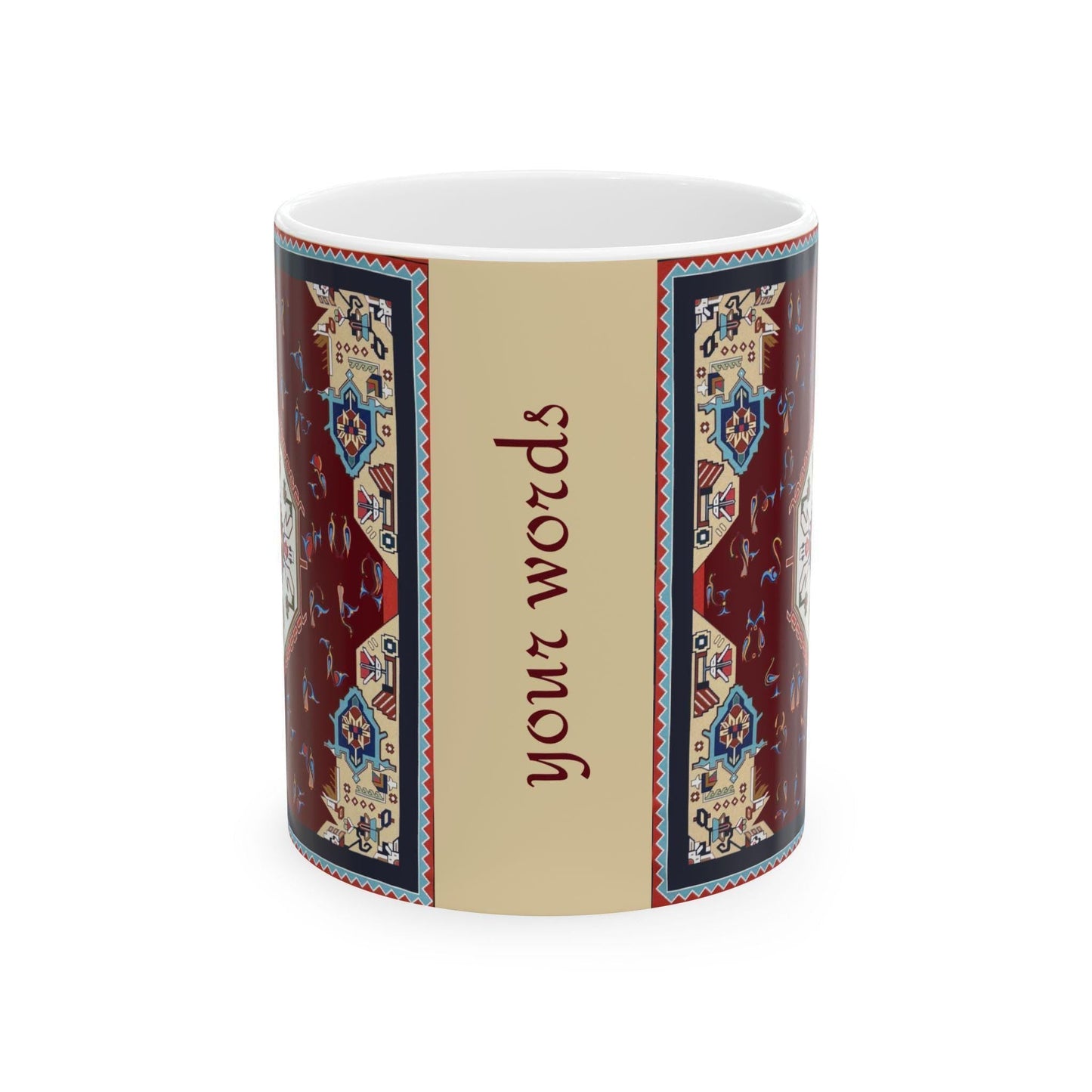 Armenian Rug Pattern Ceramic Mug, Multicolor Alphabet, Personalized - timelessbohochic.com