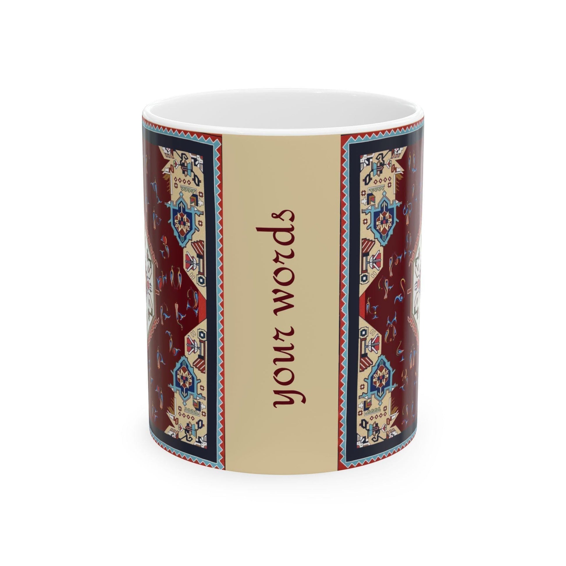 Armenian Rug Pattern Ceramic Mug, Multicolor Alphabet, Personalized - timelessbohochic.com