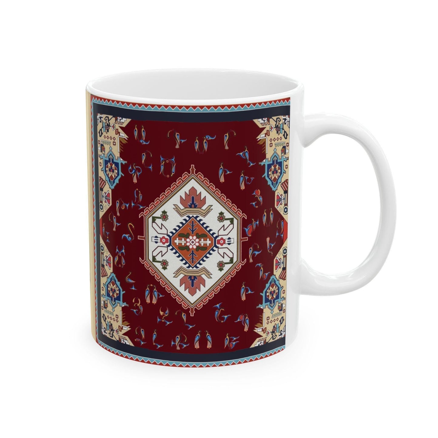 Armenian Rug Pattern Ceramic Mug, Multicolor Alphabet, Personalized - timelessbohochic.com