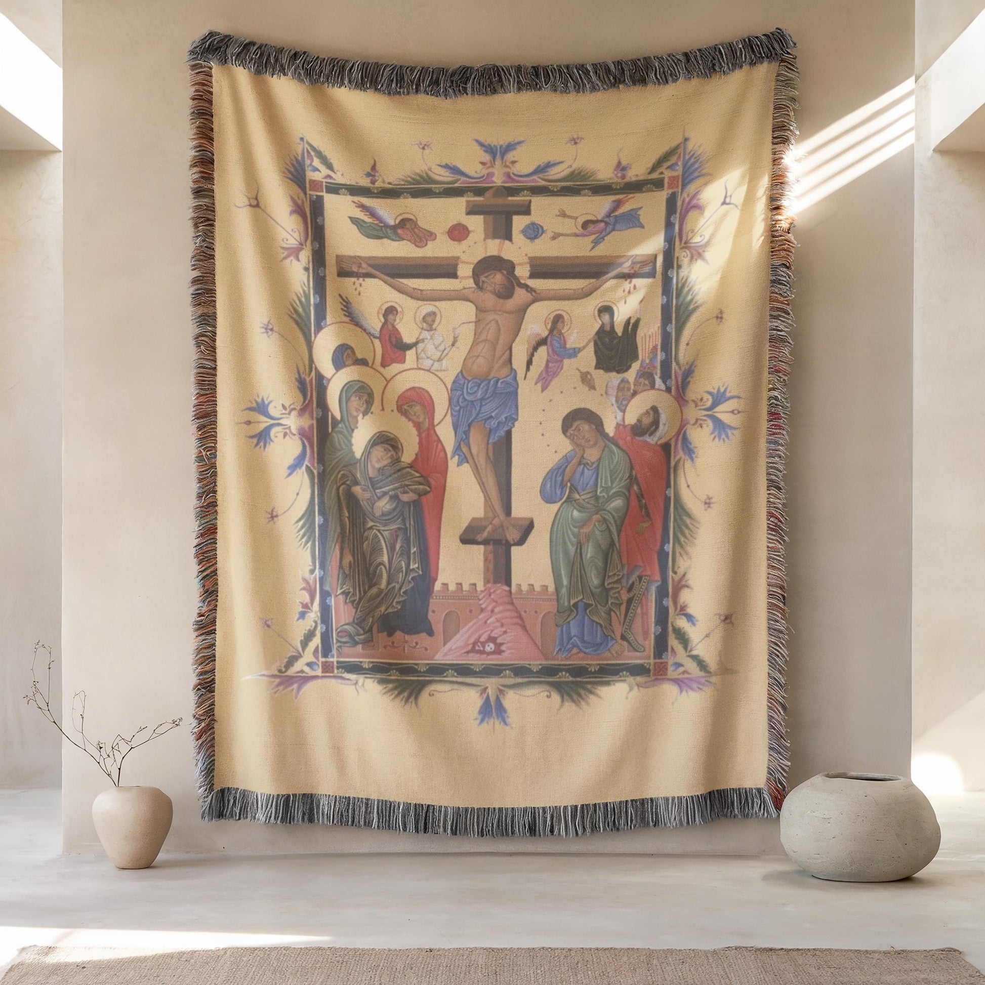 Armenian Sacred Scene Woven Cotton Blanket Jesus – Diaspora Heritage Gift - timelessbohochic.com
