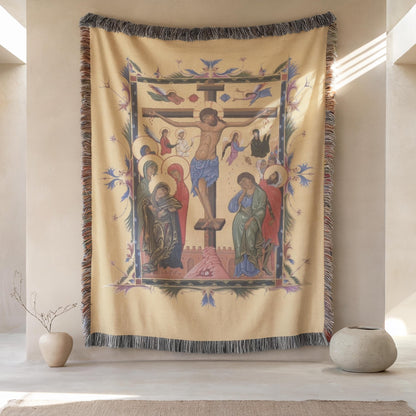 Armenian Sacred Scene Woven Cotton Blanket Jesus – Diaspora Heritage Gift - timelessbohochic.com
