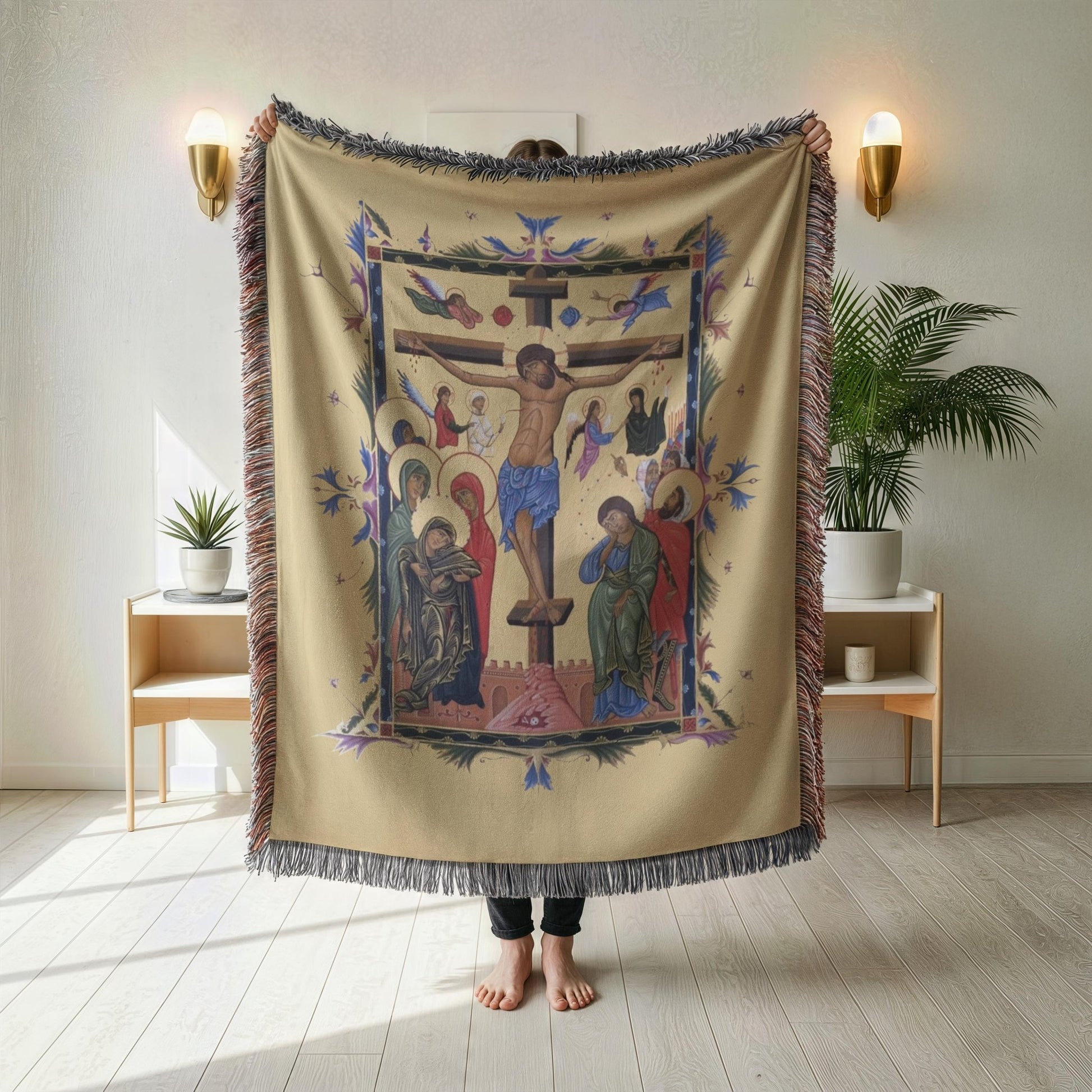 Armenian Sacred Scene Woven Cotton Blanket Jesus – Diaspora Heritage Gift - timelessbohochic.com