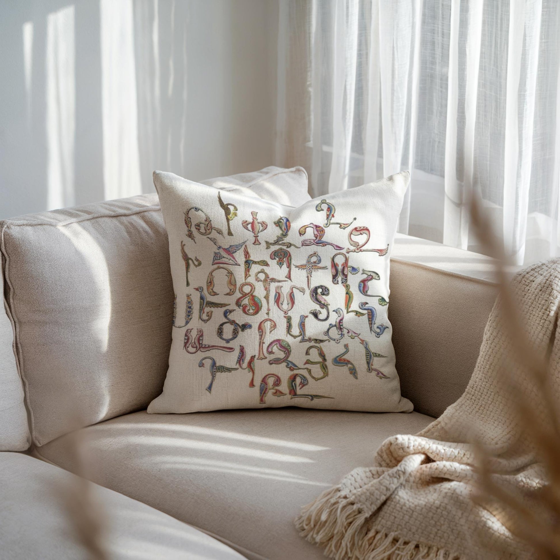 Armenian Trchnakir Bird-Letter Throw Pillow – Beige - timelessbohochic.com