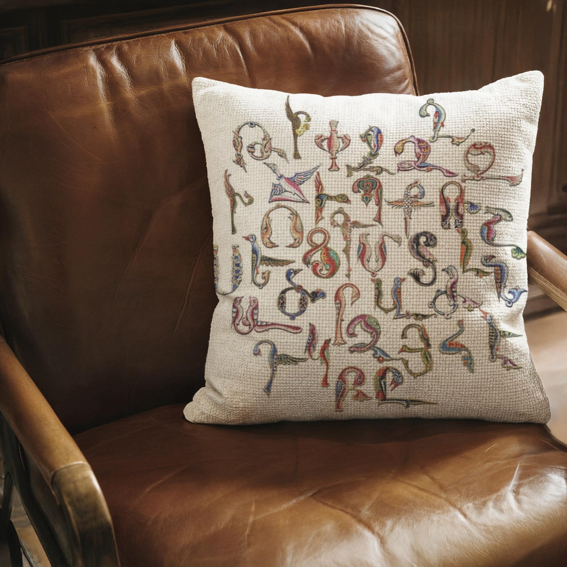 Armenian Trchnakir Bird-Letter Throw Pillow – Beige - timelessbohochic.com