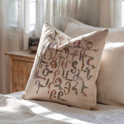 Armenian Trchnakir Bird-Letter Throw Pillow – Beige - timelessbohochic.com