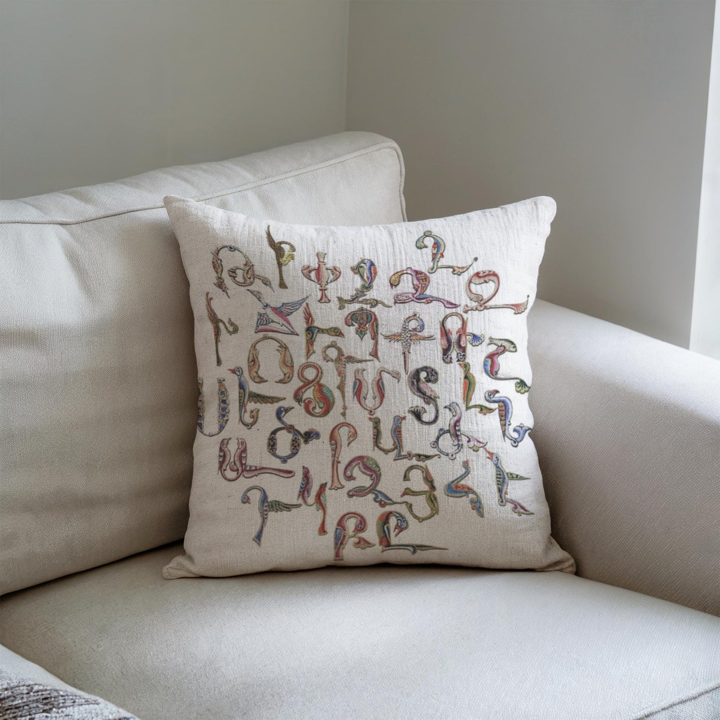 Armenian Trchnakir Bird-Letter Throw Pillow – Beige - timelessbohochic.com