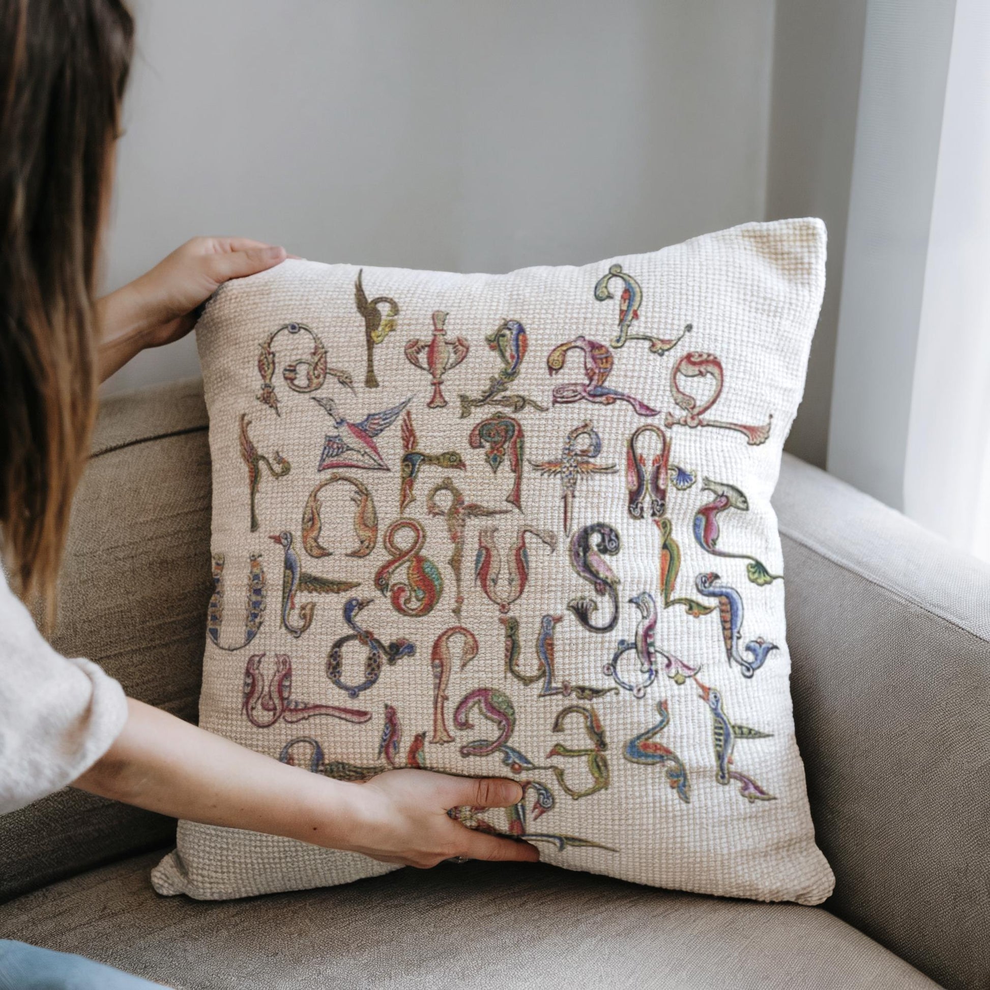 Armenian Trchnakir Bird-Letter Throw Pillow – Beige - timelessbohochic.com