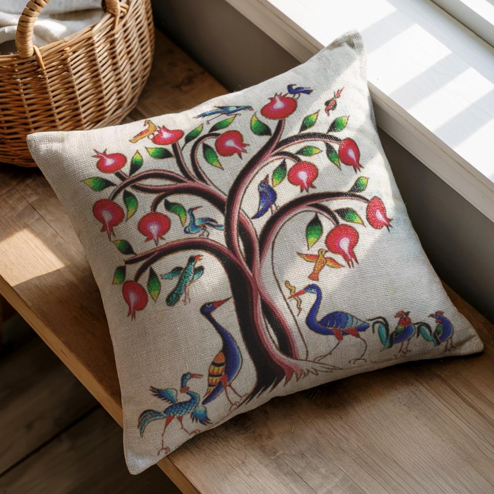 Armenian Tree of Life Throw Pillow – Vibrant Birds - timelessbohochic.com