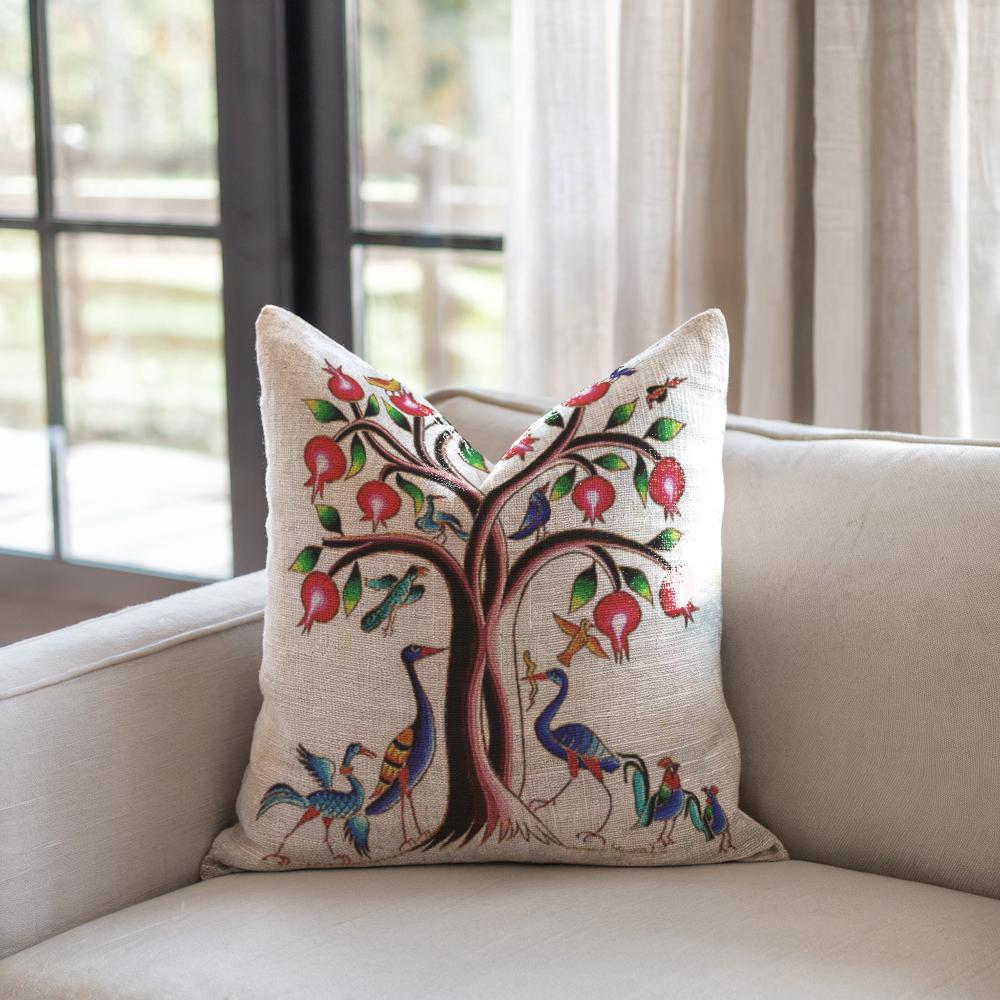Armenian Tree of Life Throw Pillow – Vibrant Birds - timelessbohochic.com