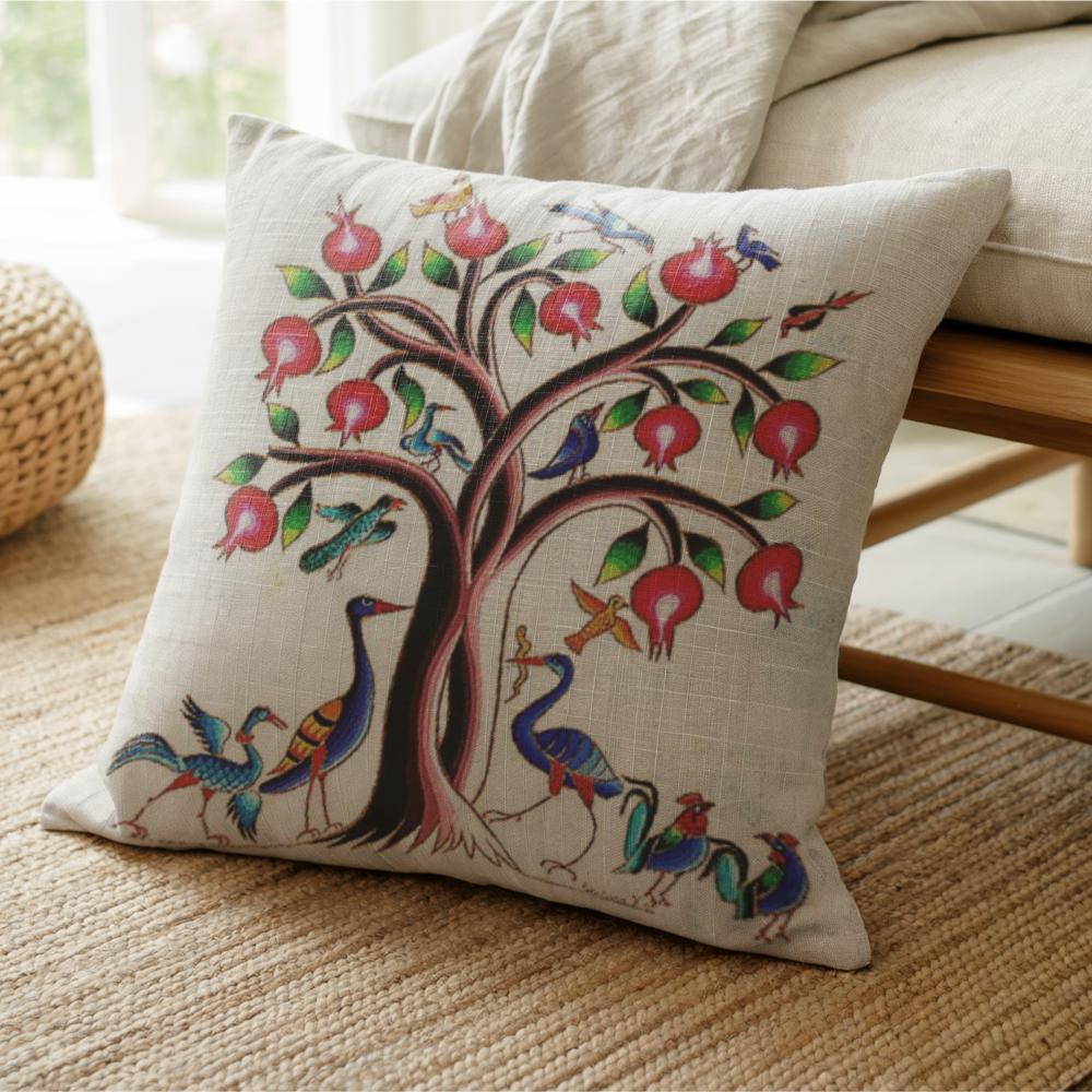 Armenian Tree of Life Throw Pillow – Vibrant Birds - timelessbohochic.com