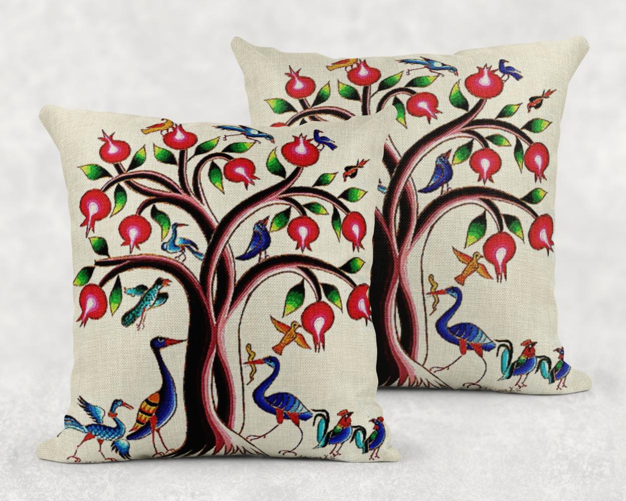 Armenian Tree of Life Throw Pillow – Vibrant Birds - timelessbohochic.com