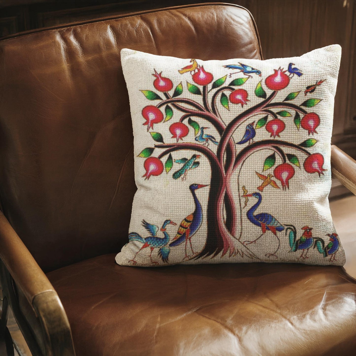 Armenian Tree of Life Throw Pillow – Vibrant Birds - timelessbohochic.com