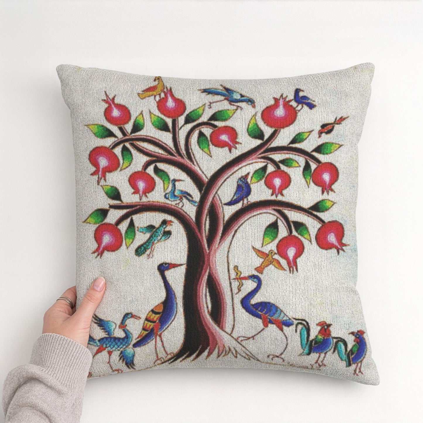 Armenian Tree of Life Throw Pillow – Vibrant Birds - timelessbohochic.com
