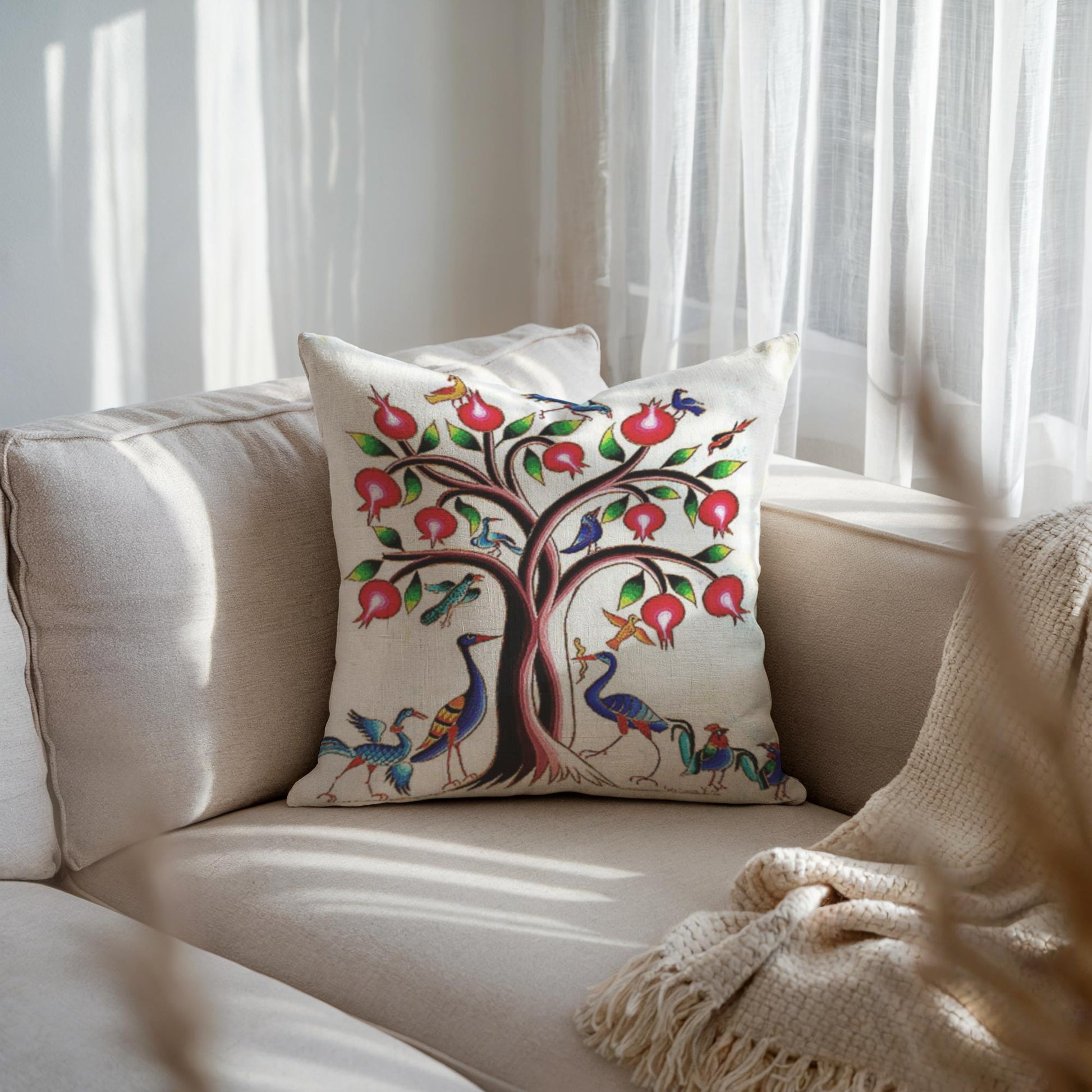 Armenian Tree of Life Throw Pillow – Vibrant Birds - timelessbohochic.com