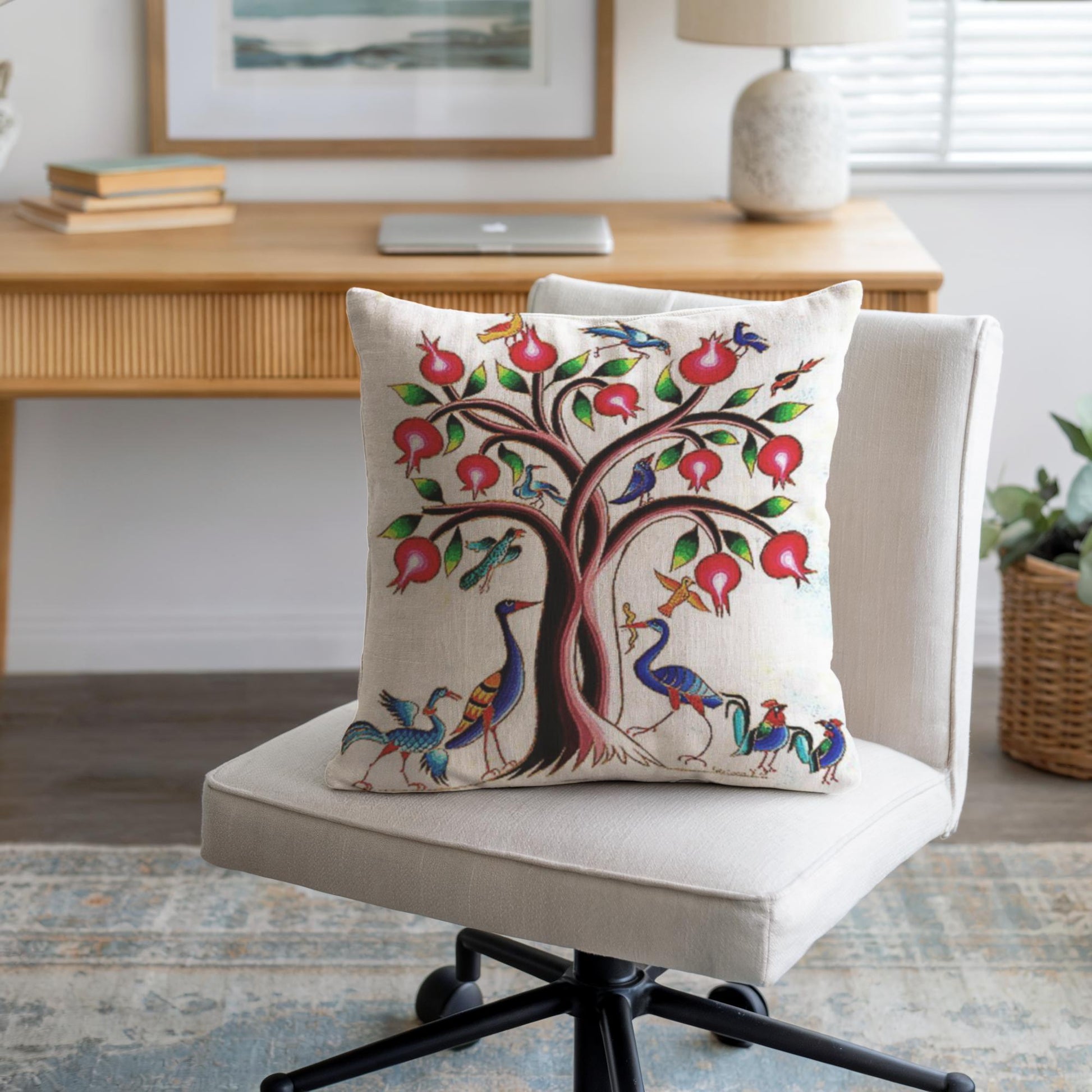 Armenian Tree of Life Throw Pillow – Vibrant Birds - timelessbohochic.com