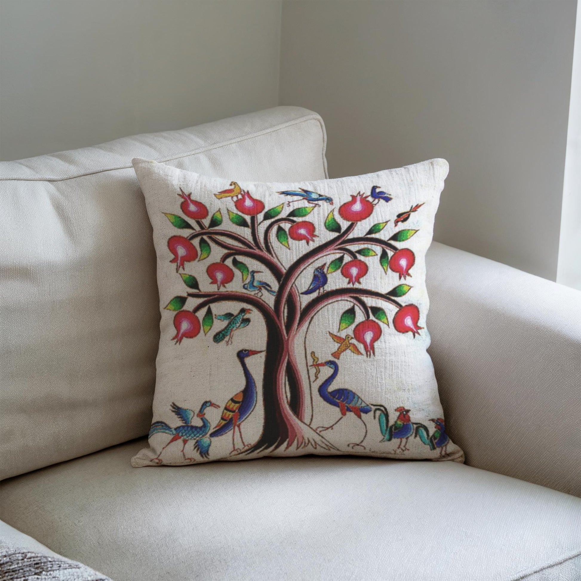 Armenian Tree of Life Throw Pillow – Vibrant Birds - timelessbohochic.com