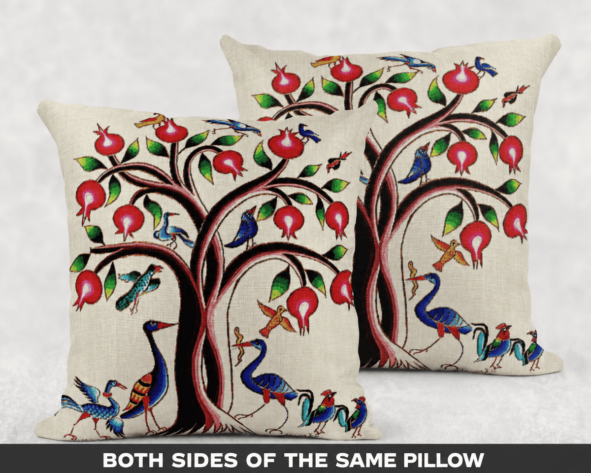 Armenian Tree of Life Throw Pillow – Vibrant Birds - timelessbohochic.com
