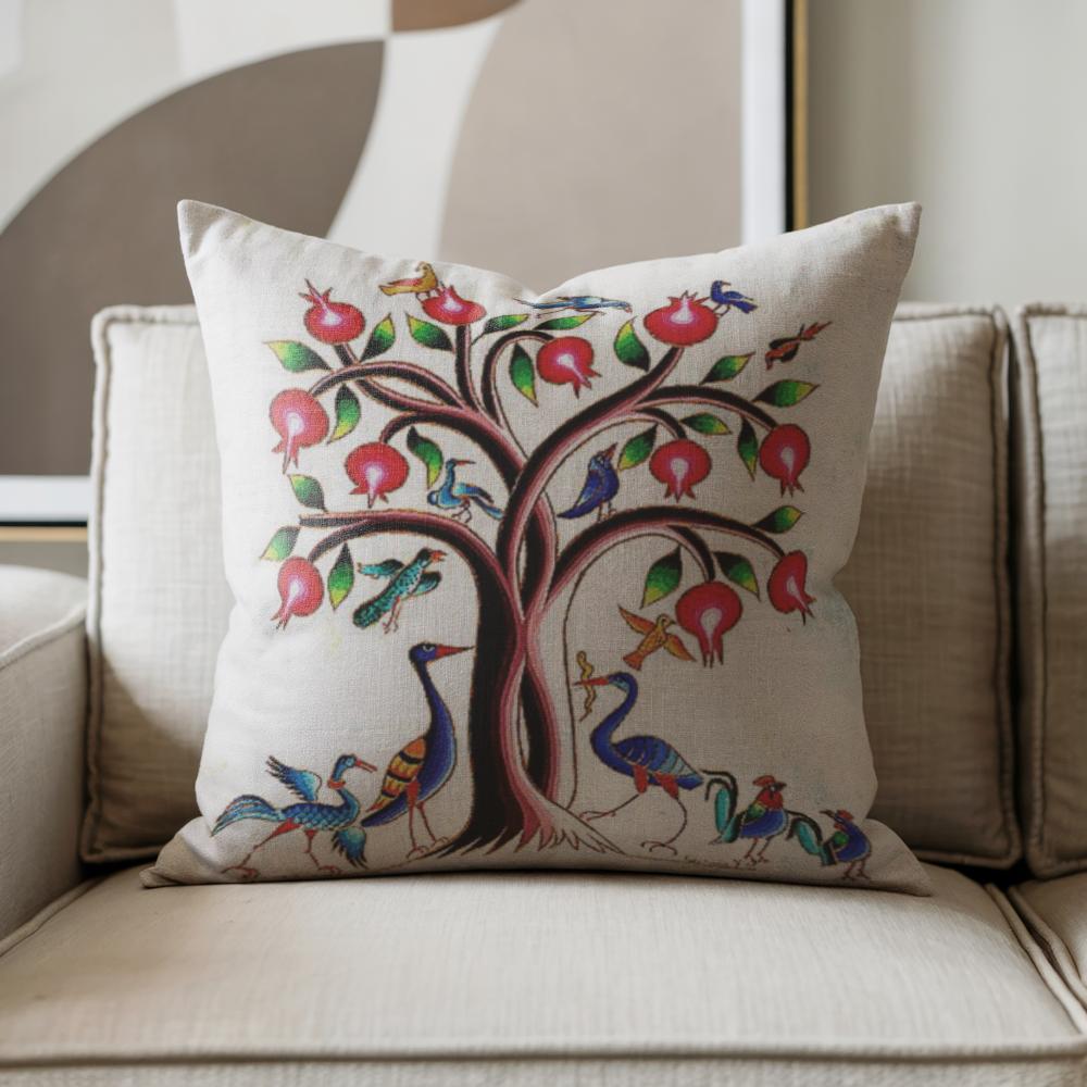 Armenian Tree of Life Throw Pillow – Vibrant Birds - timelessbohochic.com