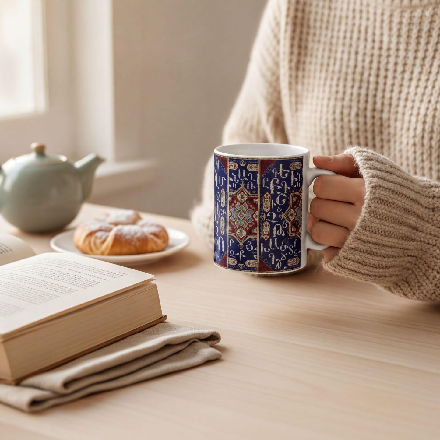 Armenian White & Blue Alphabet Ceramic Mug – Diaspora Heritage Gift - timelessbohochic.com