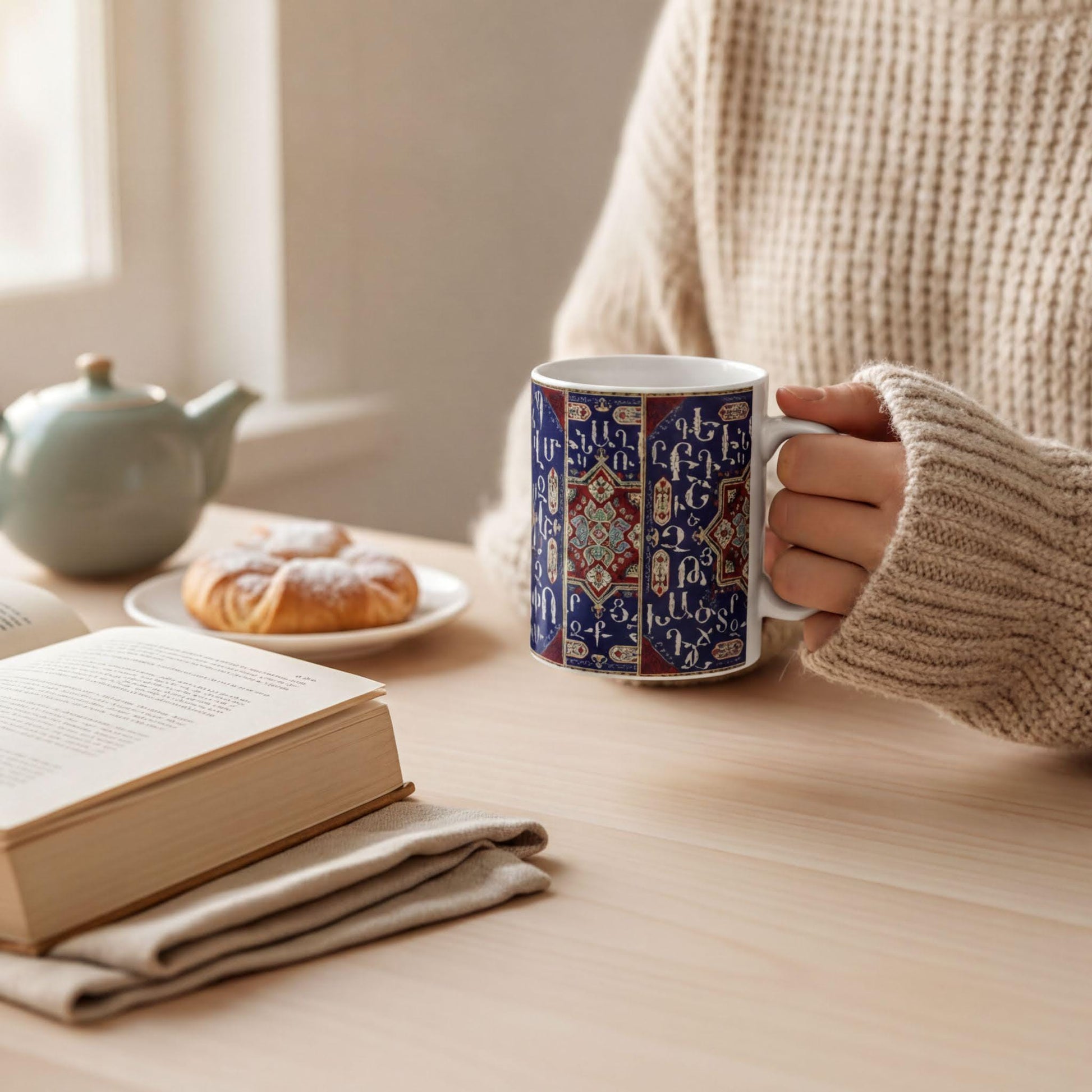 Armenian White & Blue Alphabet Ceramic Mug – Diaspora Heritage Gift - timelessbohochic.com