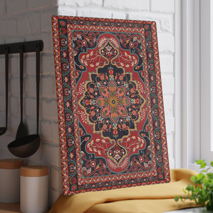 Red and navy Armenian carpet cutting board on a kitchen surface with herbs and stones nearby