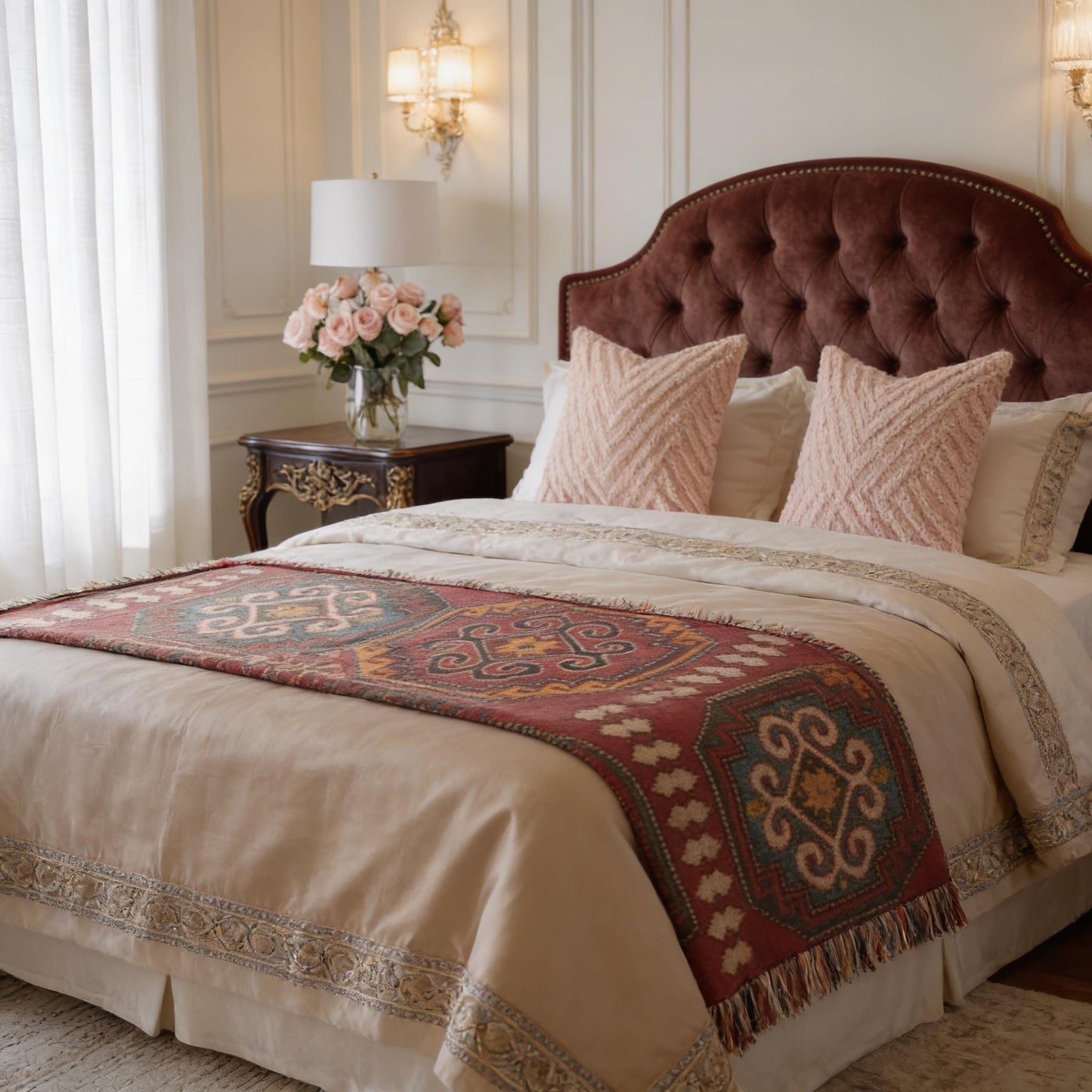 Caucasian Rug Inspired woven blanket with geometric pattern styled for layered home decor