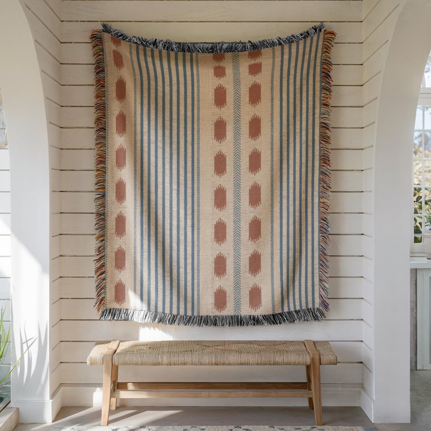 Modern Geometric outdoor woven throw blanket with geometric pattern for patio styling