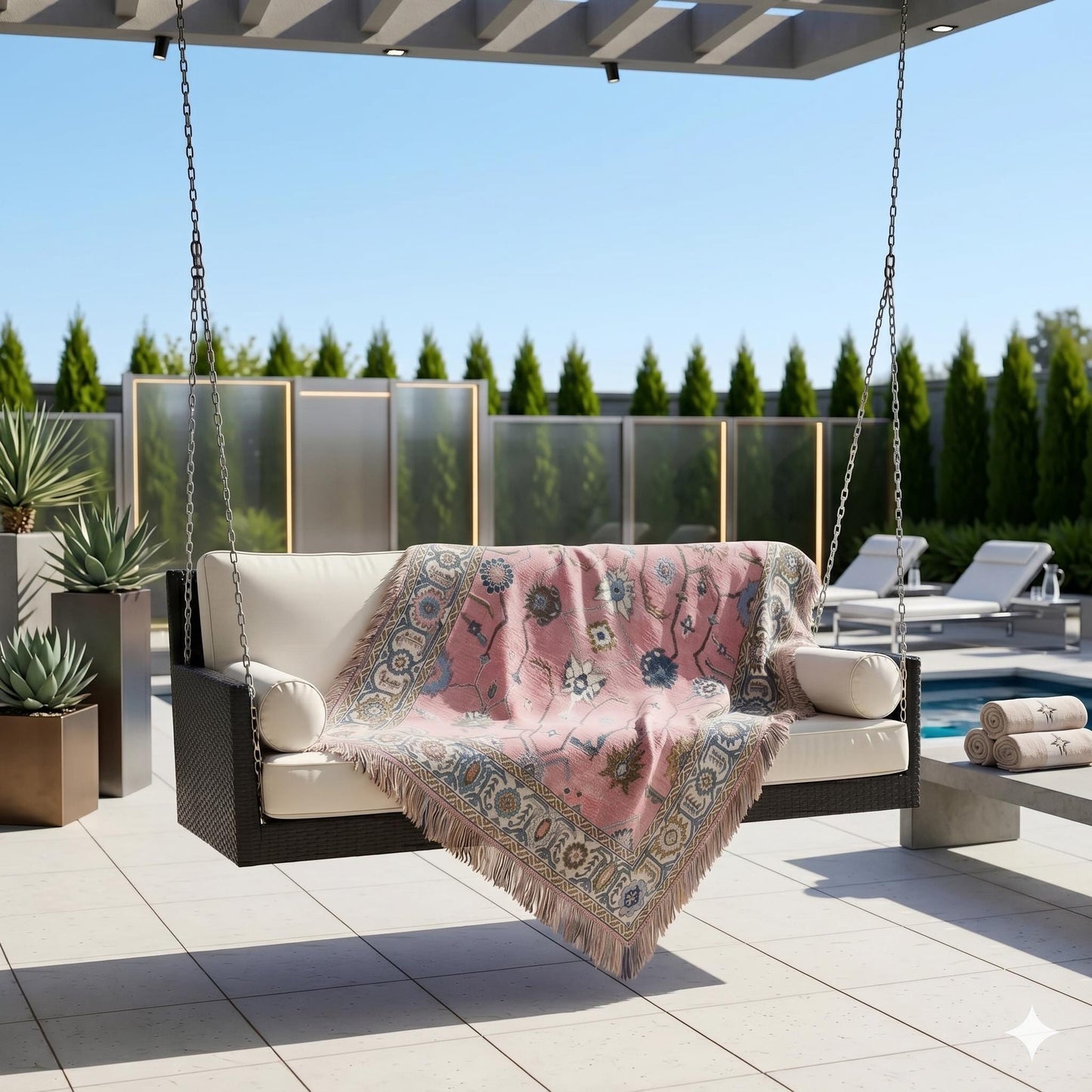 Anatolian Inspired outdoor woven throw blanket with rug-style pattern for patio styling