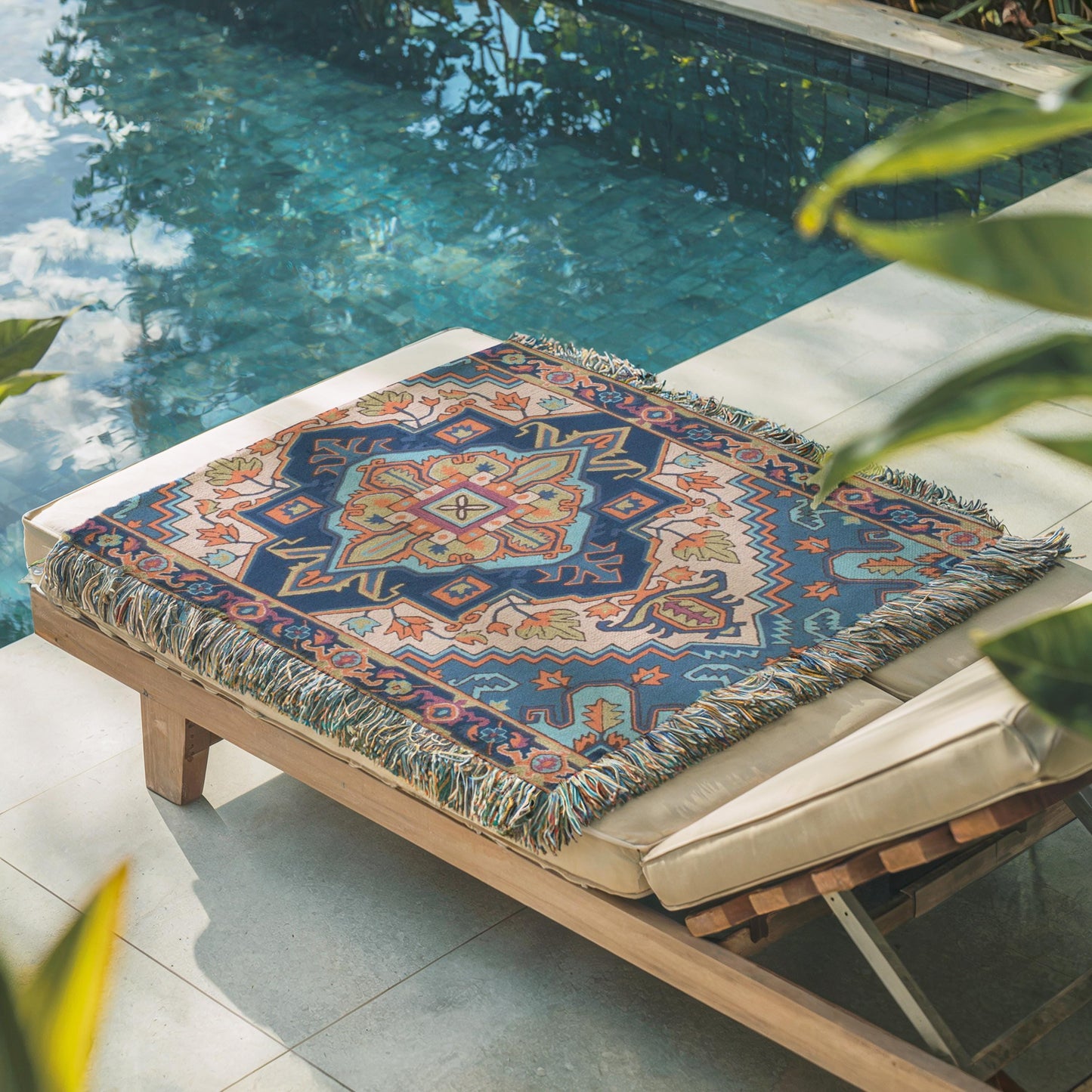 Moroccan Inspired outdoor woven throw blanket with rug-style pattern for patio styling