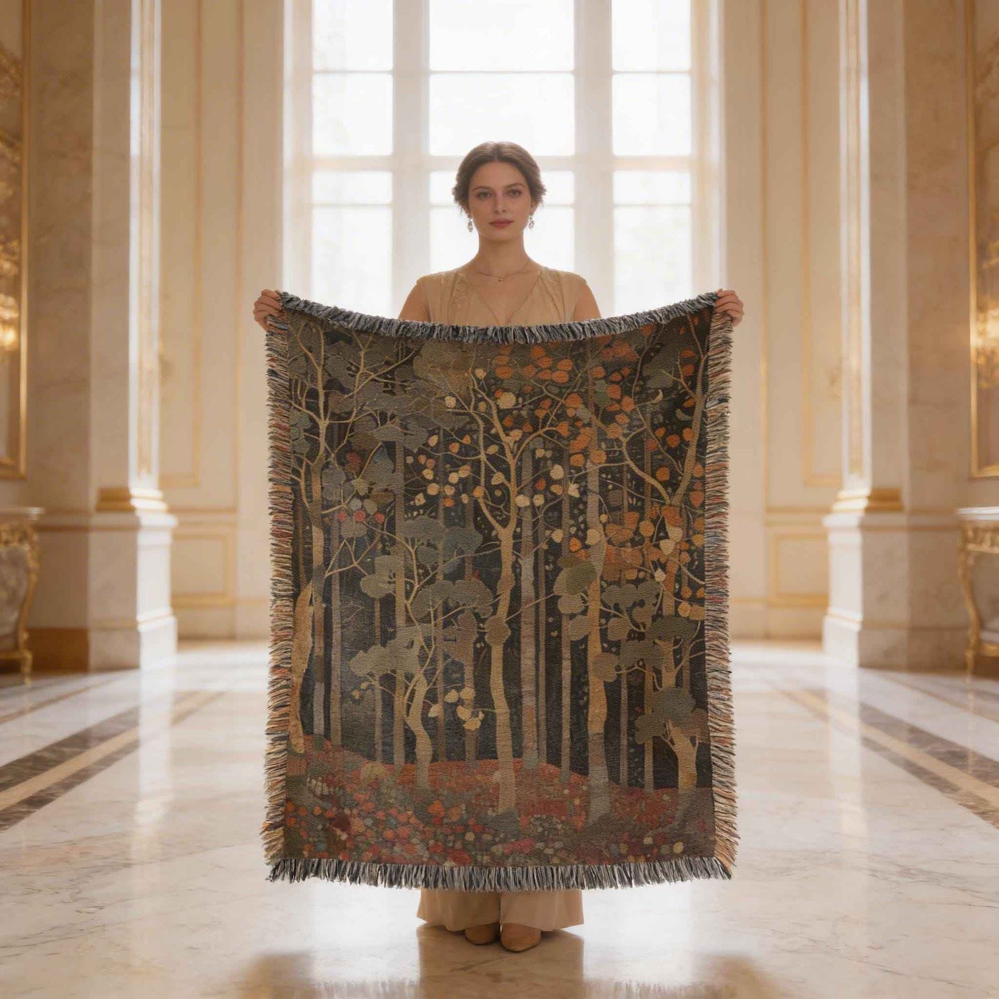 Scandinavian Inspired woven blanket with rug-style pattern styled for layered home decor