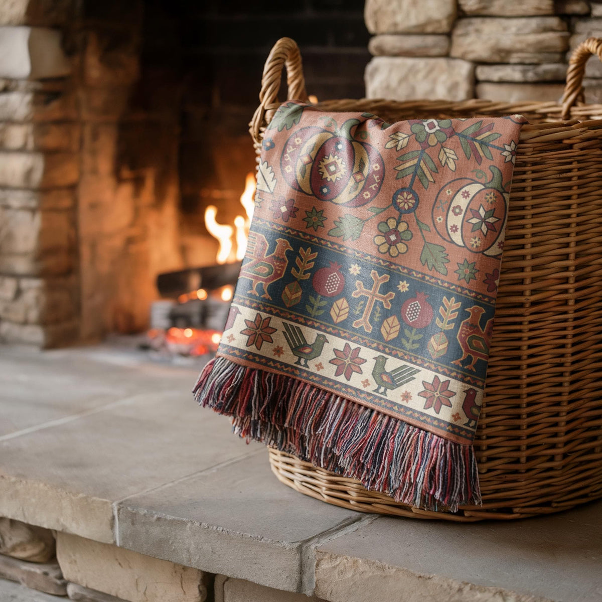 Rust and navy Armenian Ghapama woven blanket folded over a wicker basket by a stone fireplace