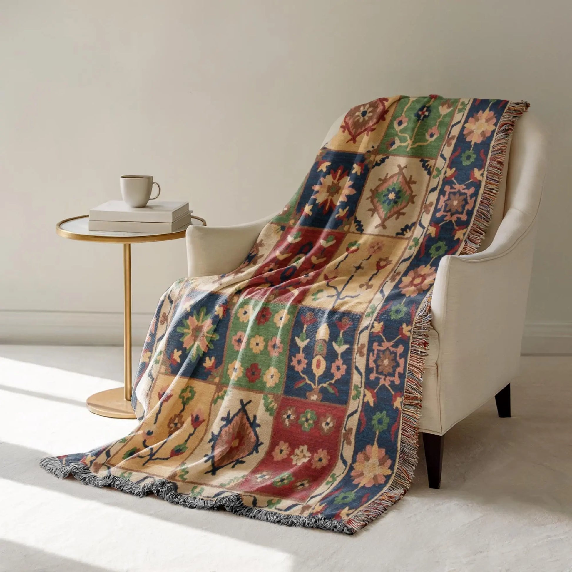 Boho Cotton Throw Blanket - Checkered Floral Sofa Throw, Colorful Fringed Accent