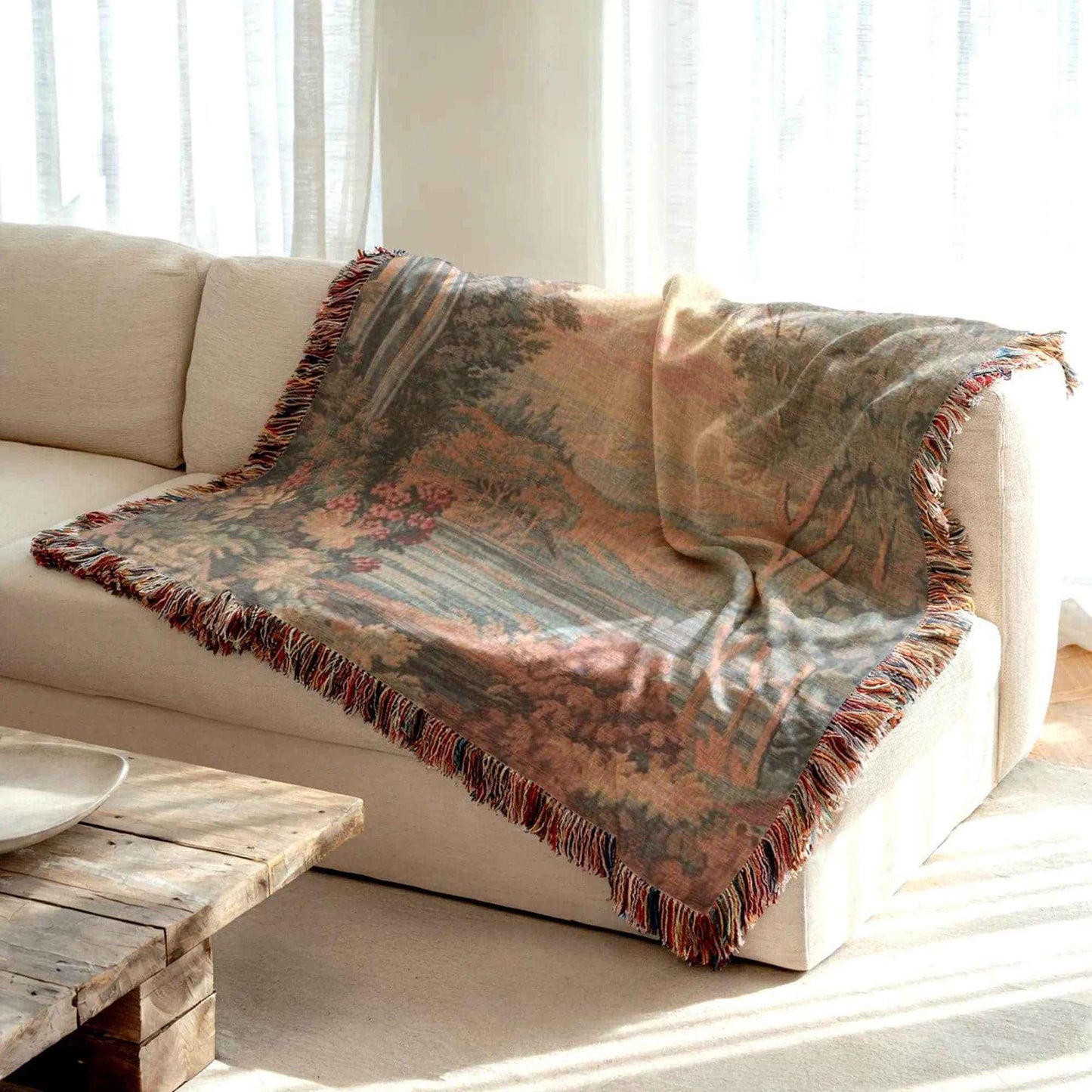 Modern Geometric woven blanket with geometric pattern styled for layered home decor